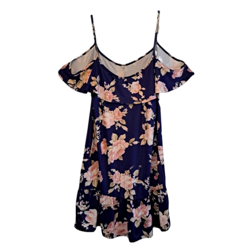 Off Shoulder Navy Blue Pink Floral Dress Size Large